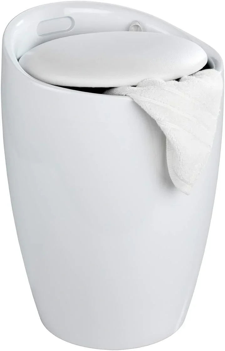 Bathroom stool with laundry basket, storage stool with soft padded seat, white stool for laundry sorting and storage, size 14.2 x 19.9 x 14.2 inches, white, 1-piece set