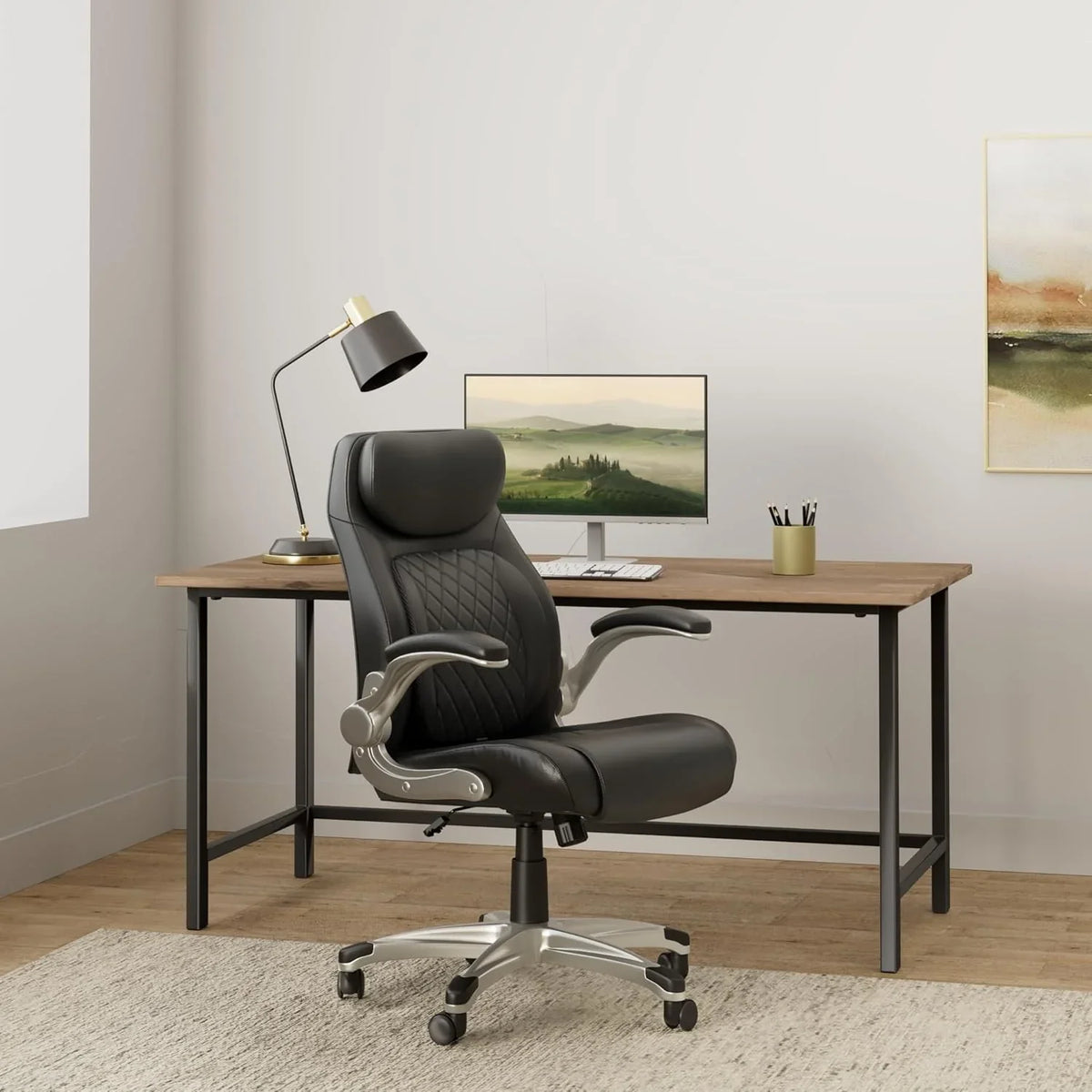 Ergonomic elastic polyurethane leather office chair, high-back modern executive office chair, equipped with 5 adjustable lumbar support cushions, tilting function, and reversible armrests. It is a comfortable home office computer desk chair, in black