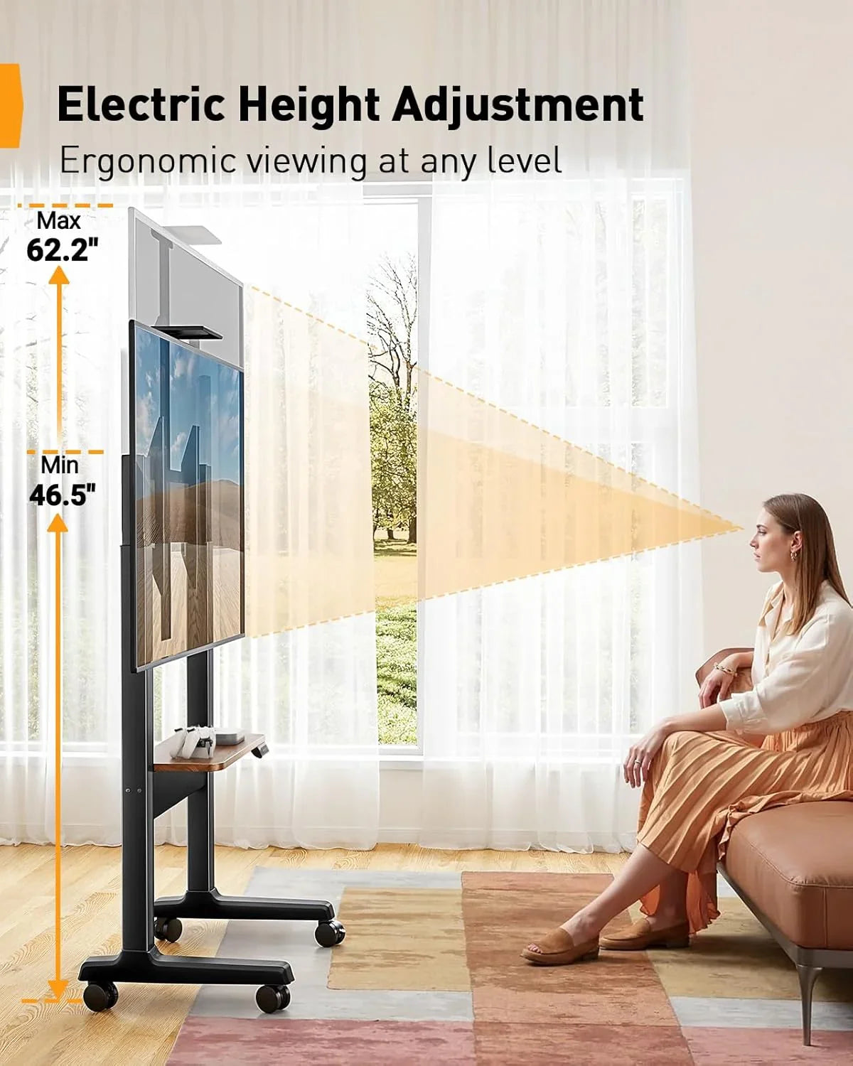Motorized Mobile TV Stand on Wheels for 37–86 Inch TVs up to 154 lbs, Electric Height Adjustable Rolling TV Stand, VESA 200x200–600x400mm, Wooden Shelf & Panel, PGTVMC26B