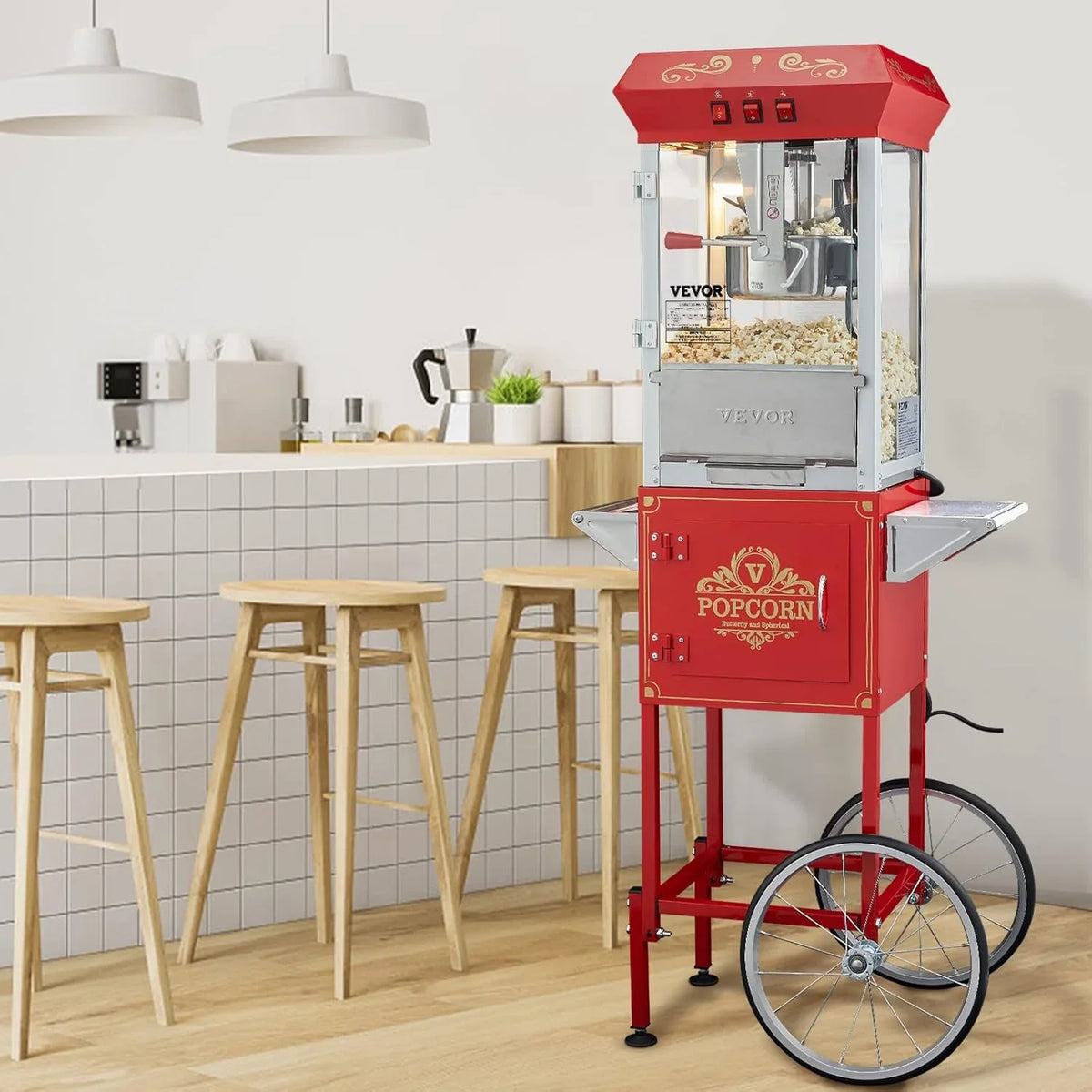 Popcorn machine, 12-ounce pot capacity, 1440-watt countertop popcorn machine, can produce 80 cups per batch, cinema-style popcorn machine, equipped with 3 switches for control, steel frame, tempered glass door, 1 pot, 2 spoons, red version