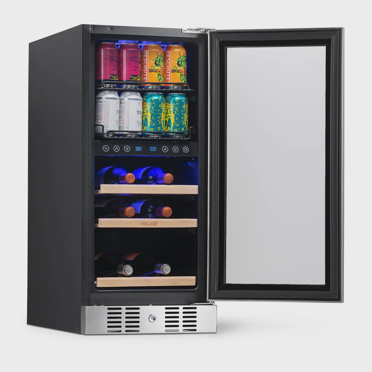 Newair 15 Dual Zone Beverage Cooler with Removable Beech Wood Shelves, Stainless Steel