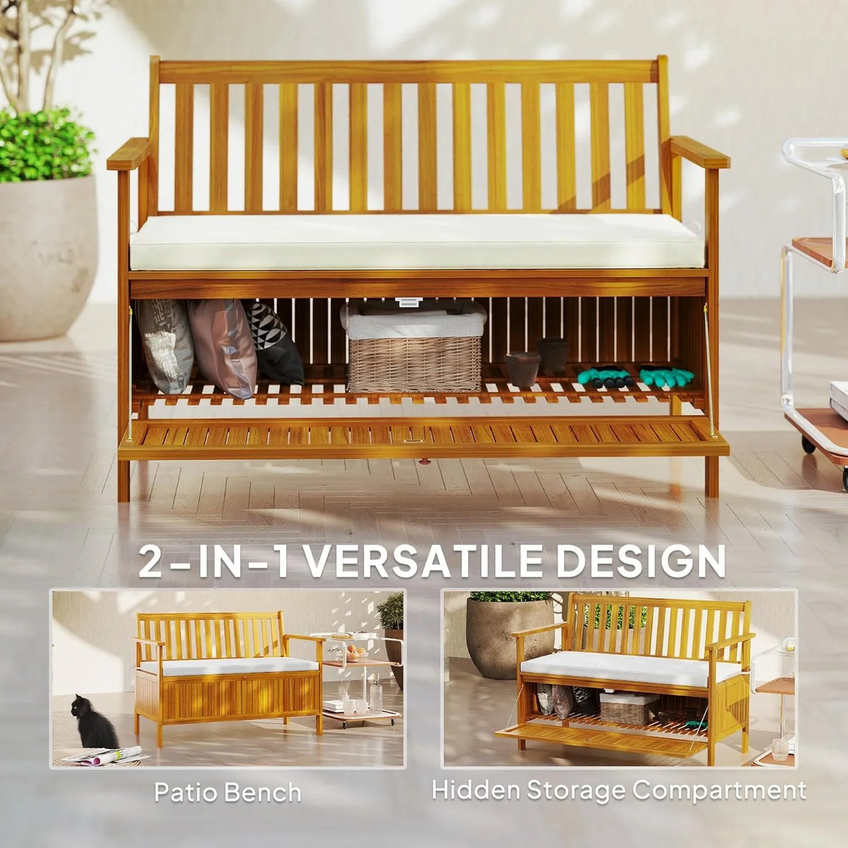 Outdoor bench with storage box, 28-gallon outdoor storage bench, garden seat made of rosewood with cushion, suitable for parks, balconies, and terraces, double-person outdoor furniture, made of teak material