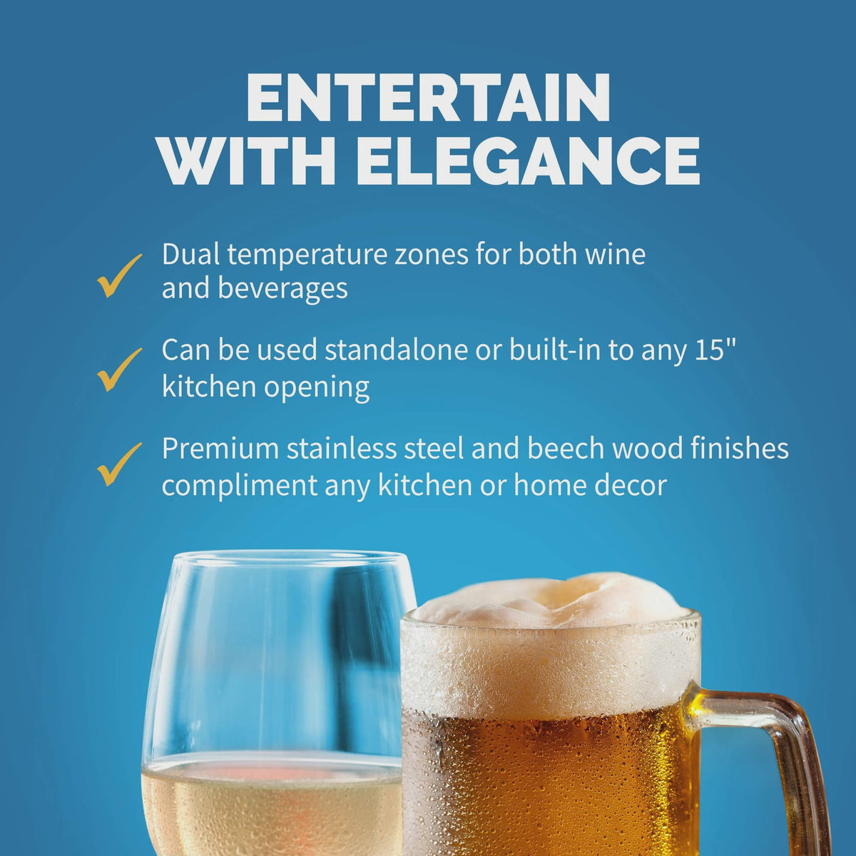 Newair 15 Dual Zone Beverage Cooler with Removable Beech Wood Shelves, Stainless Steel