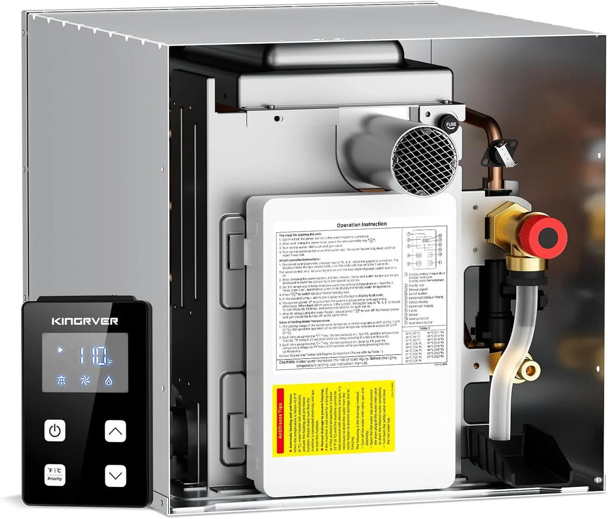 RV Tankless Water Heater without Door, Propane Gas, DC 12V, 3 Optional Door Sizes 15"x15", 15"x18" and 18"x18" for Refitment, Compatible with All RVs, Sufficient Power, High Altitude