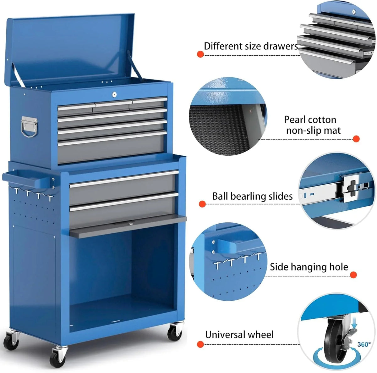 Tool Chest 8-Drawer | 42'' Large Rolling Tool Chest with Wheels | Detachable Top Metal Tool Box | Garage Storage Cabinet for Repair Room,storage area | Rolling Tool Box with Hooks,Liners,Tray Divider