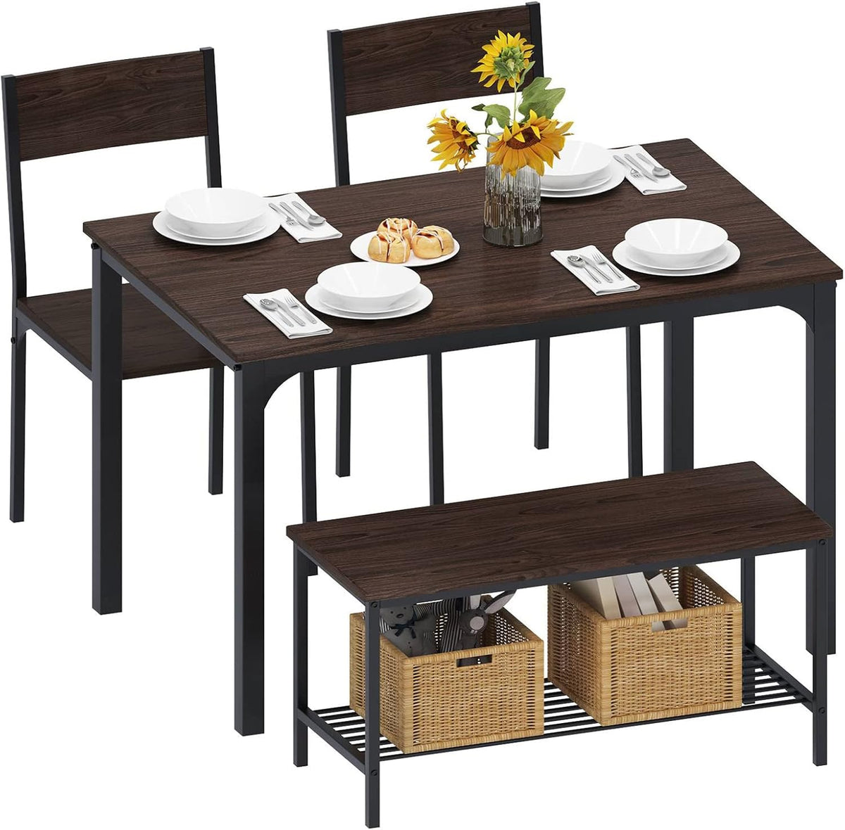 Dining Table and Chairs Dining Table Set with 2 Chairs and 1 Bench Bar Set Kitchen Table and Chairs for Dining Room Bistro Set,Pure White