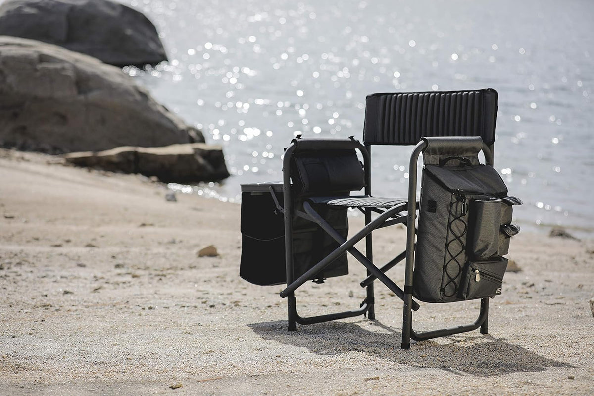 The "Picnic Time" brand's outdoor folding chairs with a unique design feature a grey base and a black frame. The dimensions are 33 x 7 x 21.