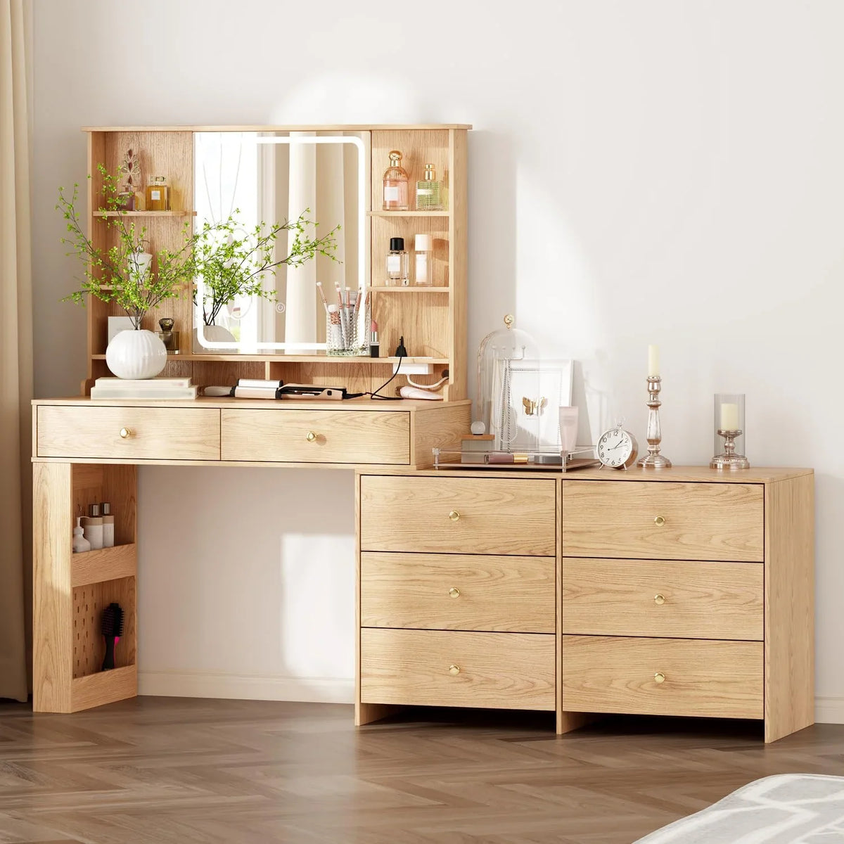 Makeup Vanity Desk with Mirror and Lights, Vanity Desk with 8 Drawers & Storage Shelves, Vanity Table with Power Outlet, 3 Color Modes & Adjustable Brightness Dressing Table, Bedroom,White2