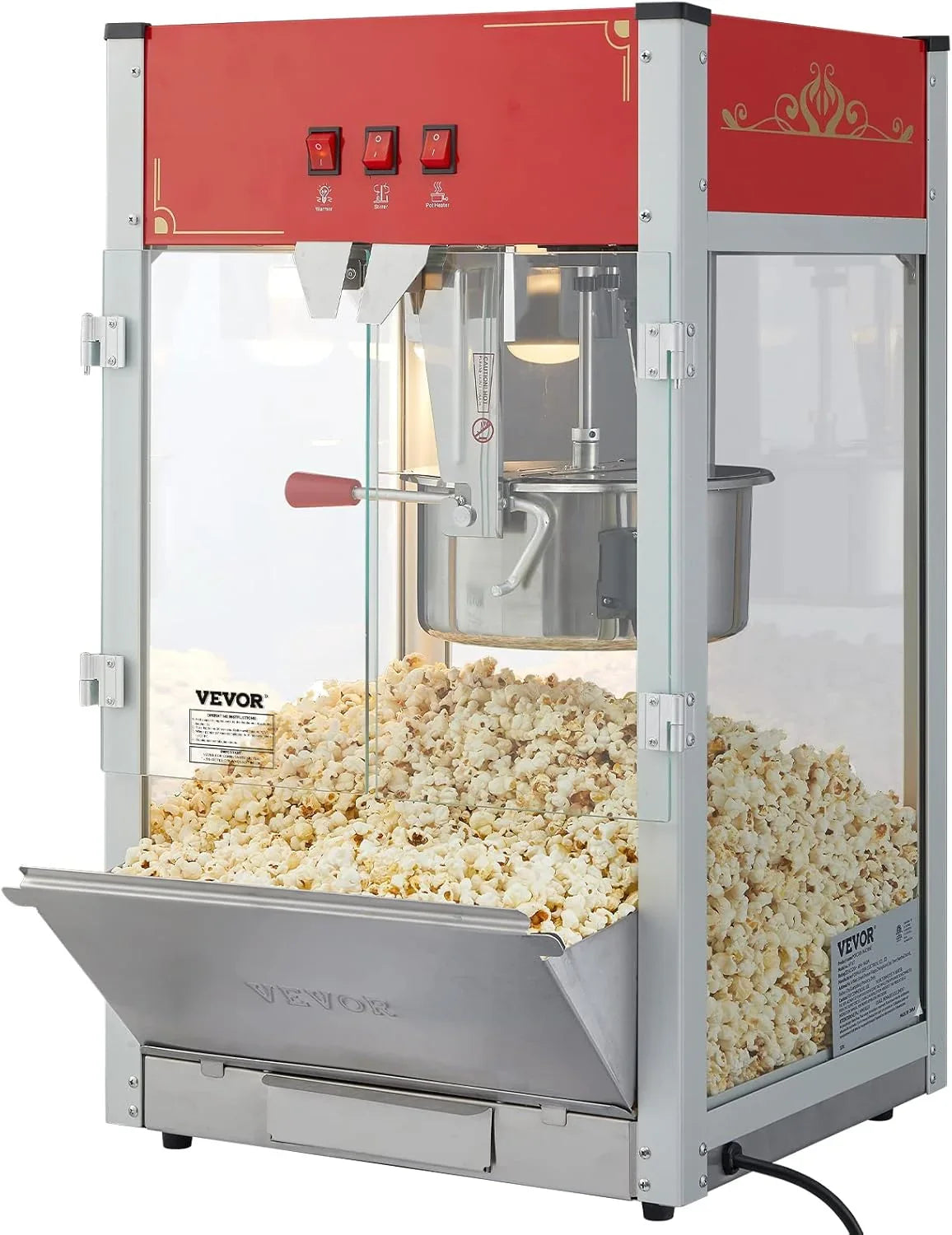Popcorn machine, 12-ounce pot capacity, 1440-watt countertop popcorn machine, can produce 80 cups per batch, cinema-style popcorn machine, equipped with 3 switches for control, steel frame, tempered glass door, 1 pot, 2 spoons, red version