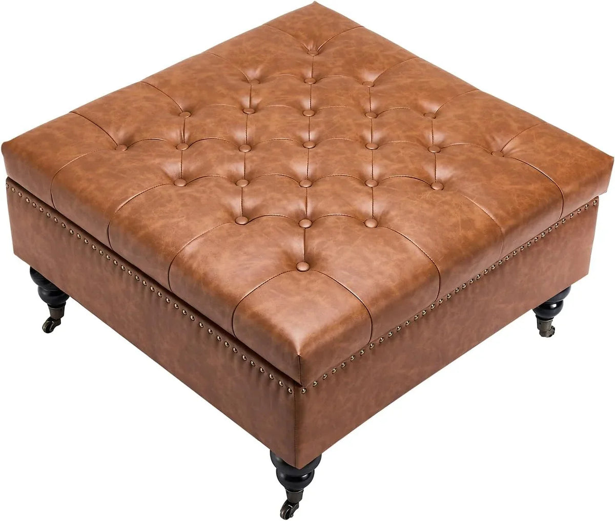 Square leather footstool with storage function, coffee table-style footstool with soft padded raised buttons, equipped with wheels, polyurethane leather high-density sponge, suitable room, dormitory, bedroom, in brown color scheme.
