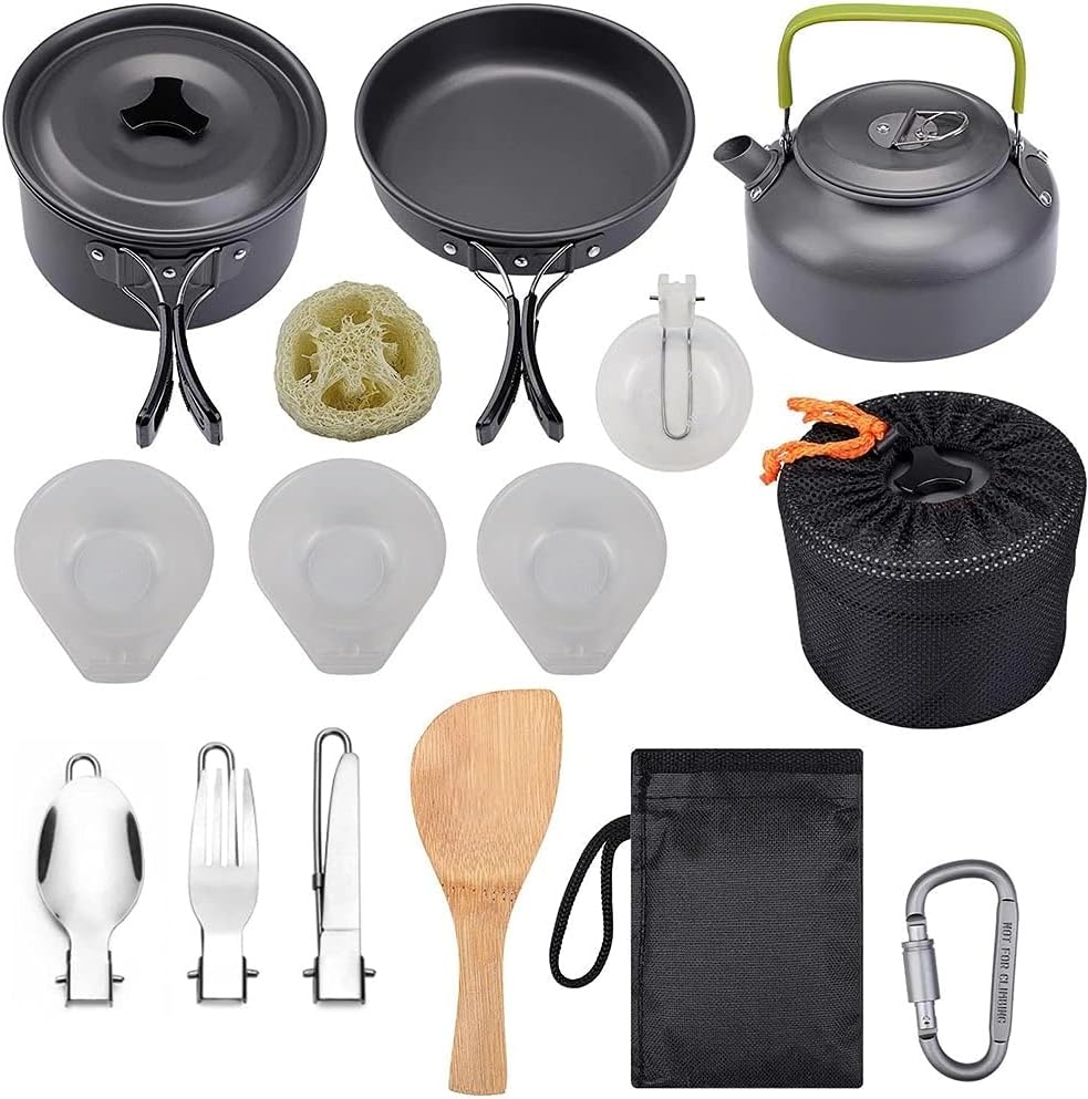 Camping cooking set - picnic cooking pot set - outdoor hiking and barbecue tableware set - camping travel supplies set including frying pan, water jug and stove