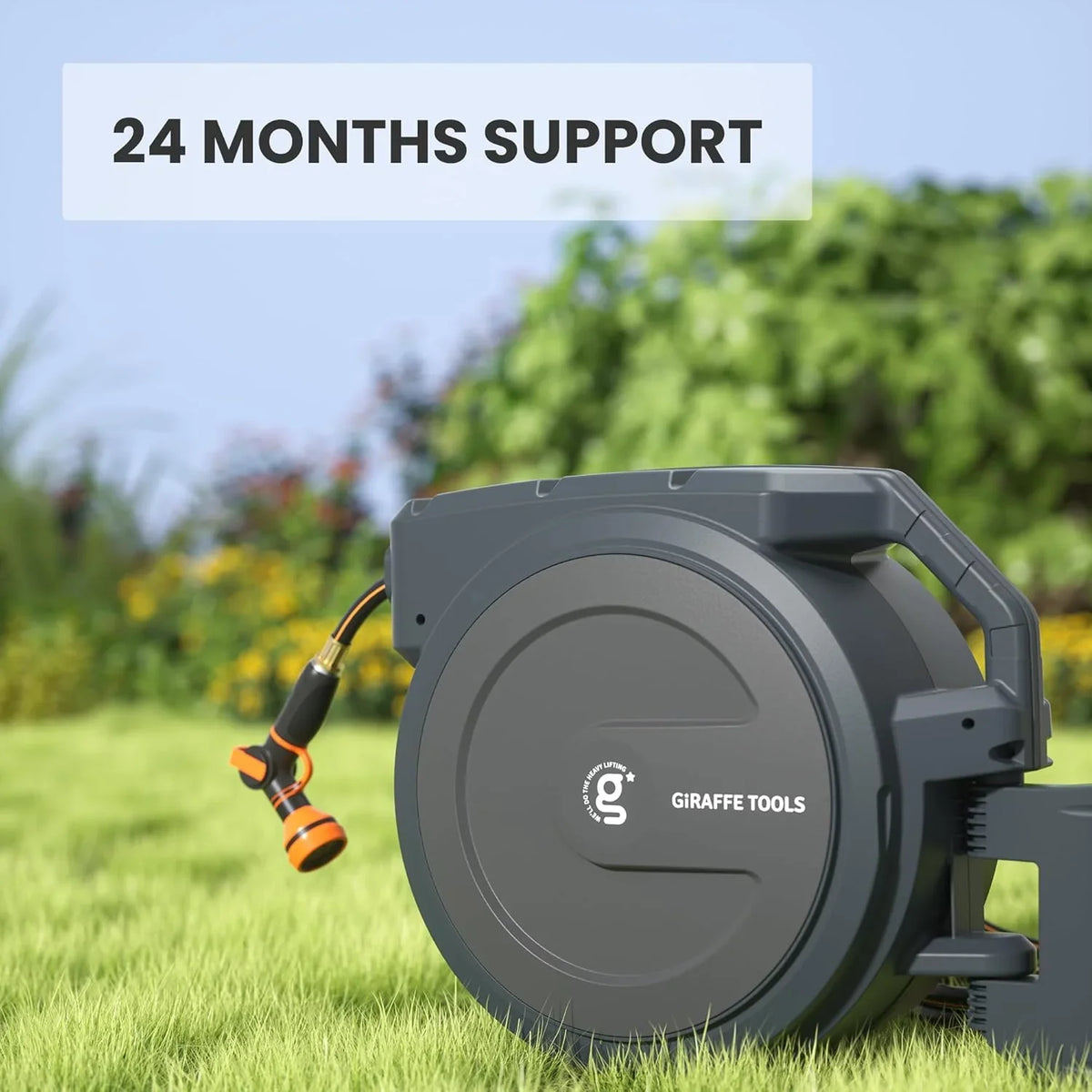 Tool-extendable garden hose reel, inner diameter 1/2 inch, length 155 inches, equipped with 5-foot extension hose, sturdy and durable, lockable at any length, slow retraction system, wall-mounted design, 180-degree rotating bracket