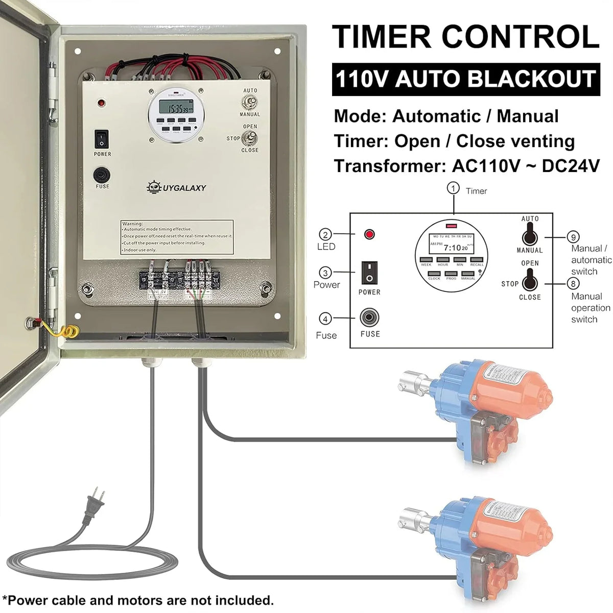 Electrically controlled timer for greenhouse roller shutters (for ventilation) uses an AC 110V to DC 24V transformer for timing control, enabling the opening or closing of the side top curtains of the greenhouse薄膜.