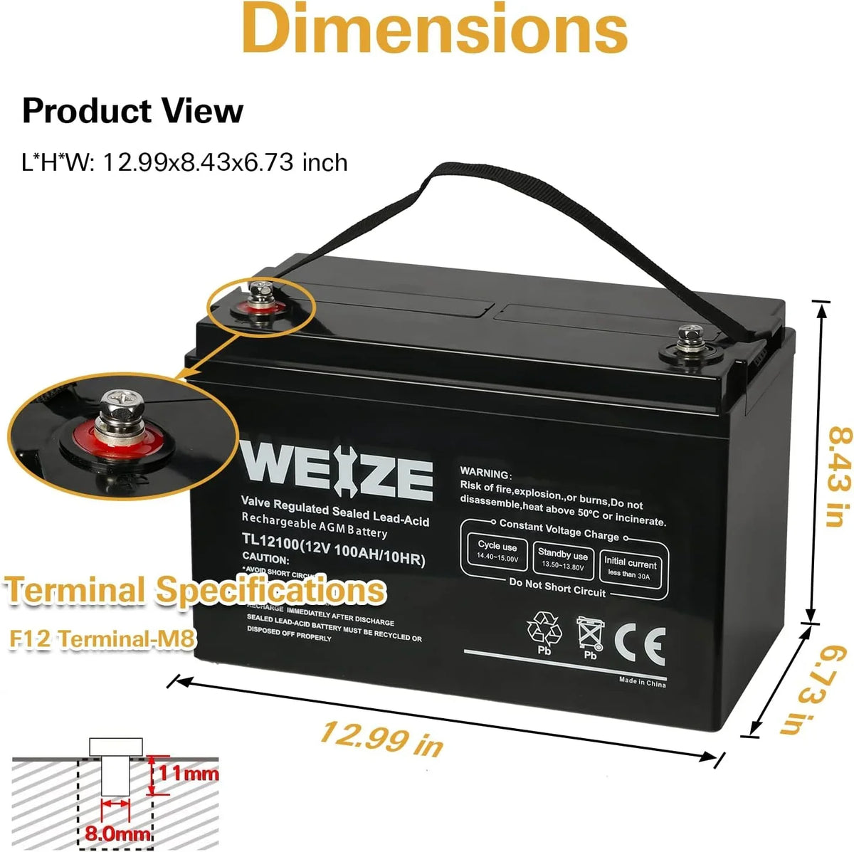 Deep Cycle AGM 12 Volt 100Ah Battery, Maintenance-Free, 3% Self-Discharge Rate, 1150A Max Discharge Current, Perfect for RV, Solar, Trolling Motor, Wind, Marine, Camping and Off-Grid System
