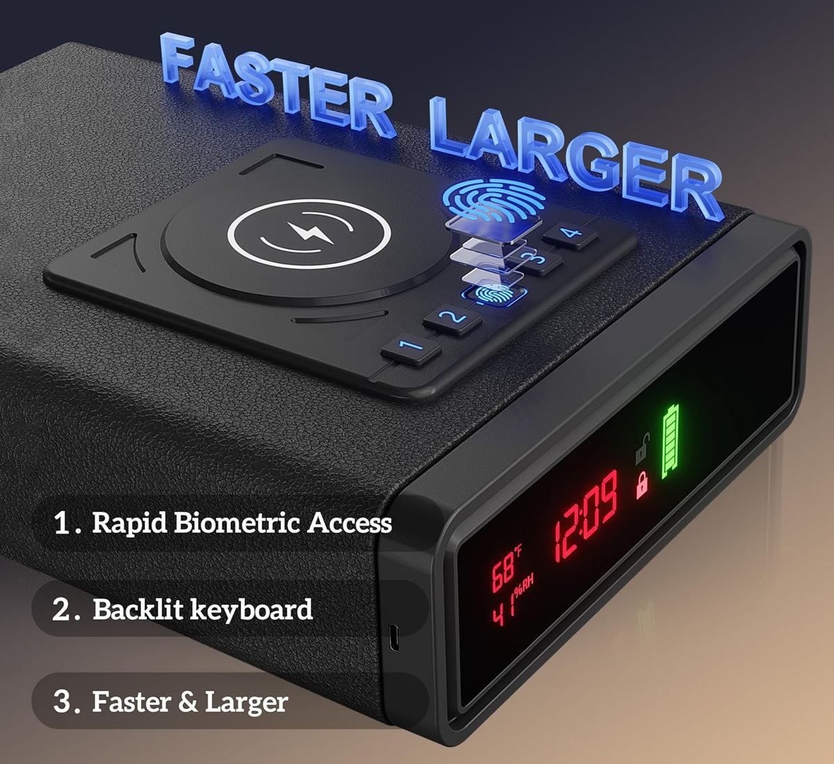 Smart Biometric Safe with Wireless Charging for Phone & Watch, 3 Access Methods to Unlock, Nightstand Drawer Safe LED Display with Humidity & Temperature Monitoring, Stopbox for Cash and Valuables