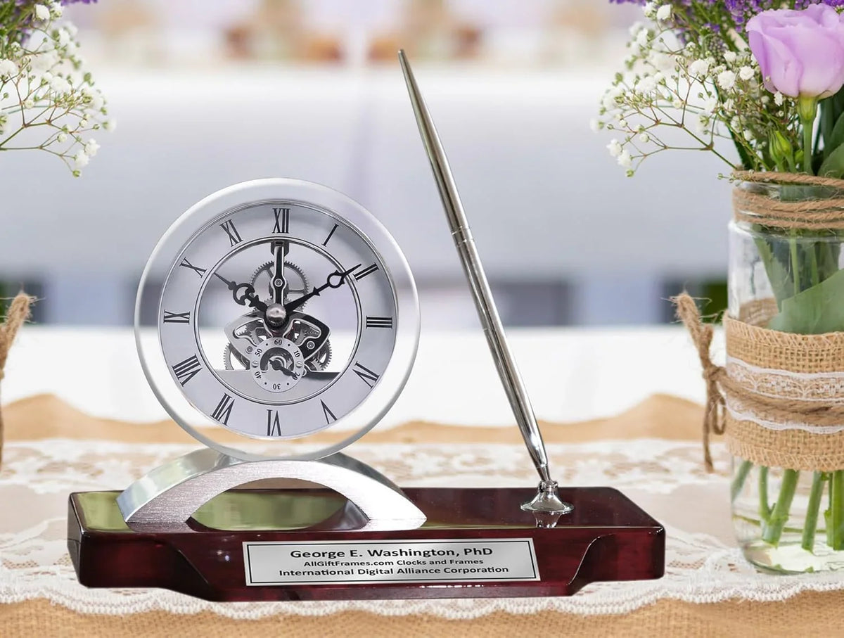 Desk clock, pen set, personalized, unique, silver clock, clear transparent case, gears, da Vinci, timepiece display, metal pen set, wooden desk stand, desk accessories, office, modern home, engraving