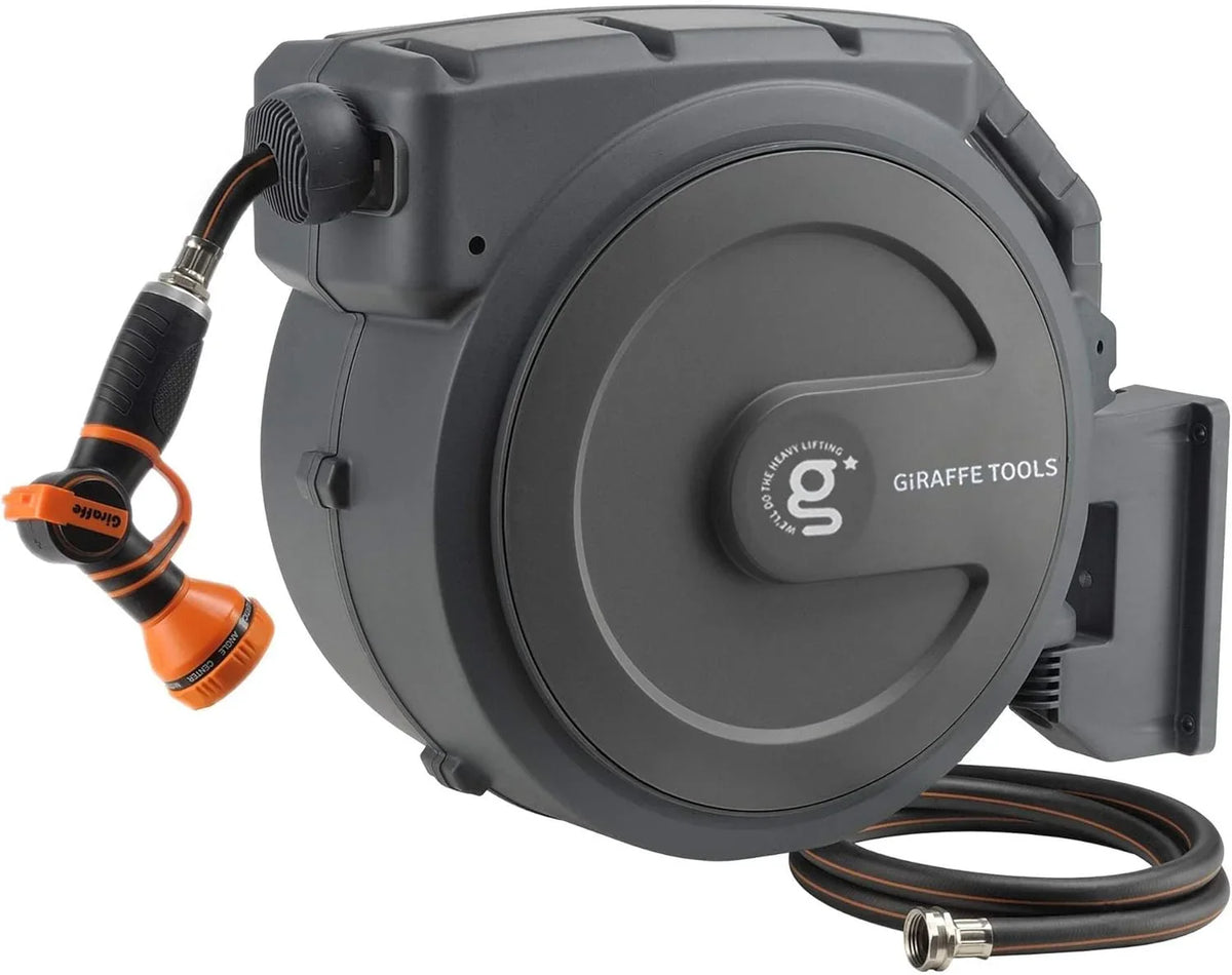 Tool-extendable garden hose reel, inner diameter 1/2 inch, length 155 inches, equipped with 5-foot extension hose, sturdy and durable, lockable at any length, slow retraction system, wall-mounted design, 180-degree rotating bracket