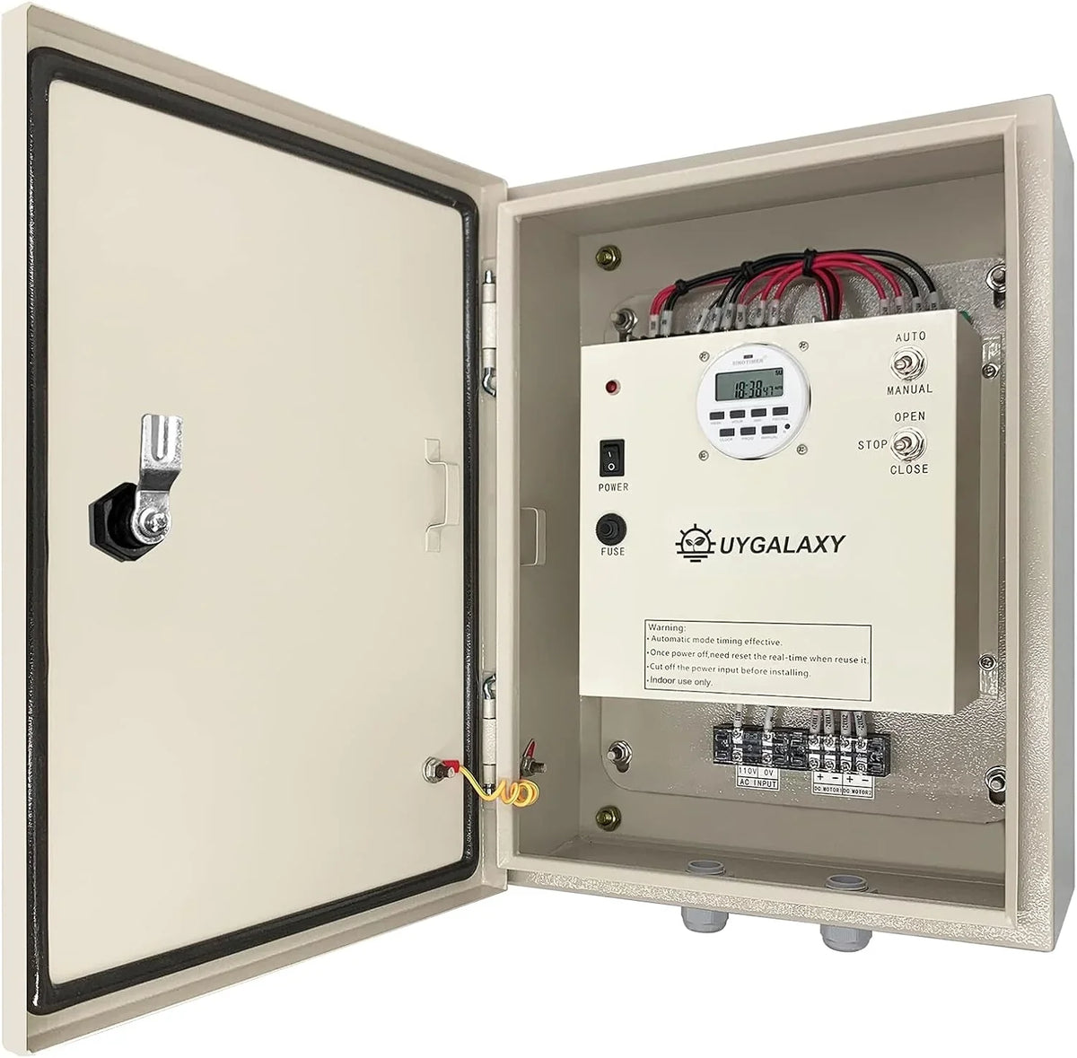 Electrically controlled timer for greenhouse roller shutters (for ventilation) uses an AC 110V to DC 24V transformer for timing control, enabling the opening or closing of the side top curtains of the greenhouse薄膜.