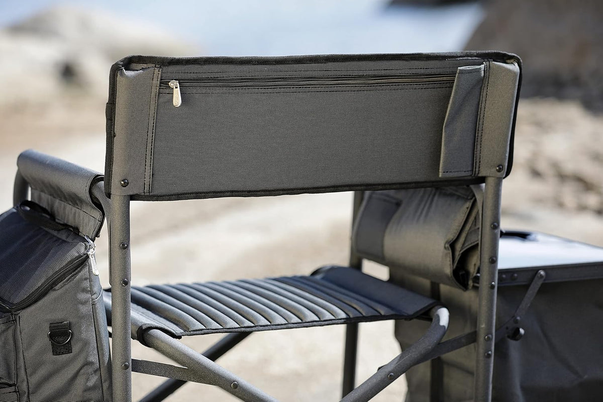 The "Picnic Time" brand's outdoor folding chairs with a unique design feature a grey base and a black frame. The dimensions are 33 x 7 x 21.