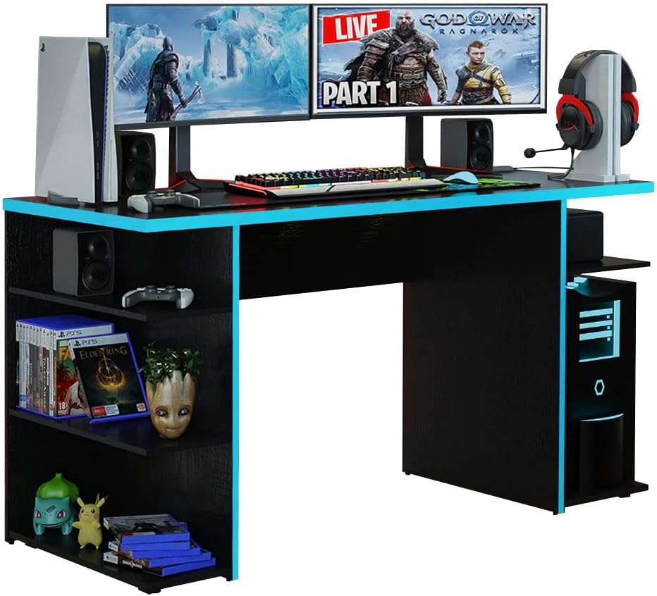 Madesa Large Modern Gaming Computer Desk 53 Inch with 5 Shelves Cable Management Student Study Wooden Table Home Office Gamer Desk for Kids and Adults - White