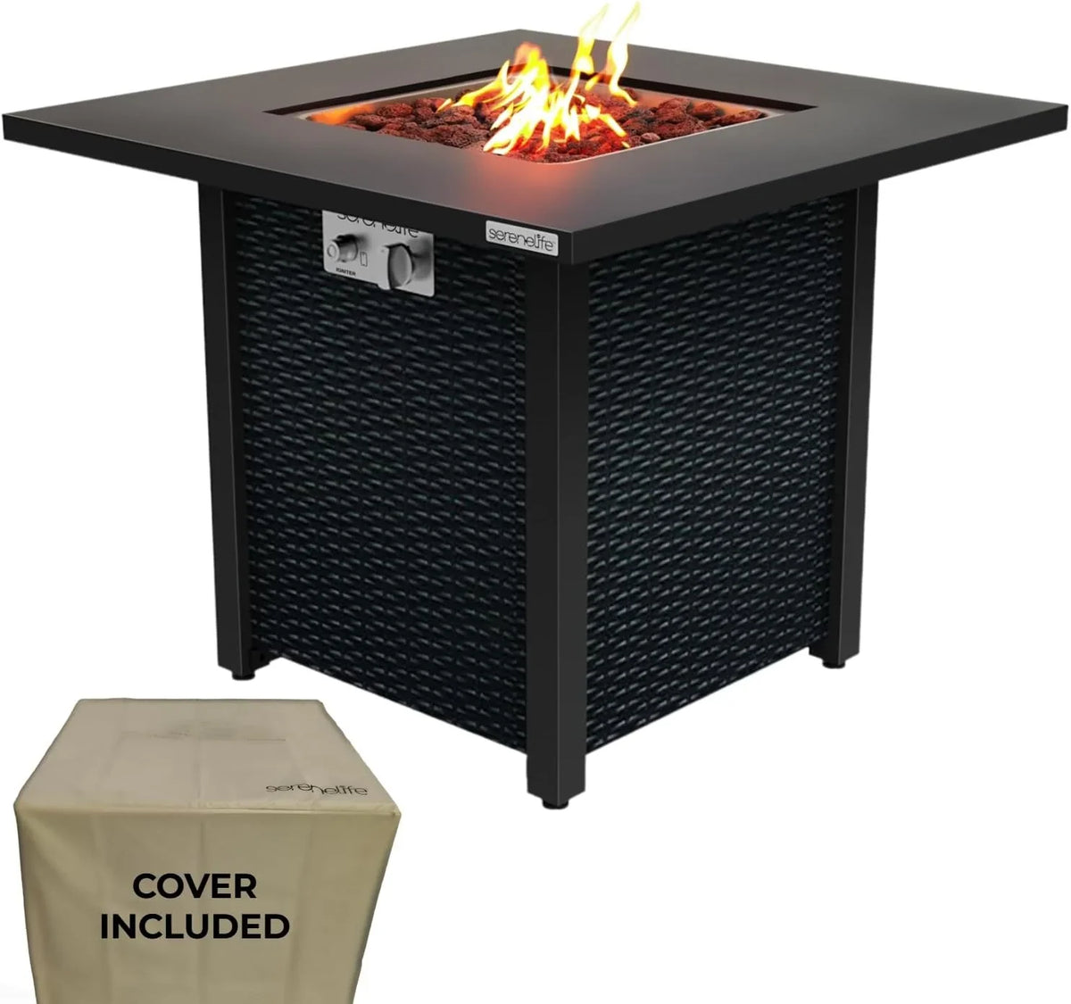 Propane fire pit table, 40,000 watt outdoor square gas fire pit, with lid, weather-resistant metal material, adjustable flame, rock melting set, highly suitable for use on decks, backyards and platforms (30 inches × 30 inches × 11 inches)