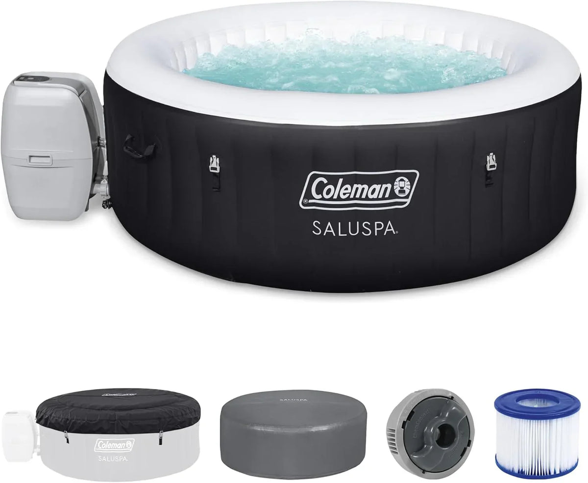 SaluSpa Miami AirJet 2 to 4 Person Round Inflatable Hot Tub Portable Outdoor Spa with 120 Soothing AirJets and Insulated Cover, Black