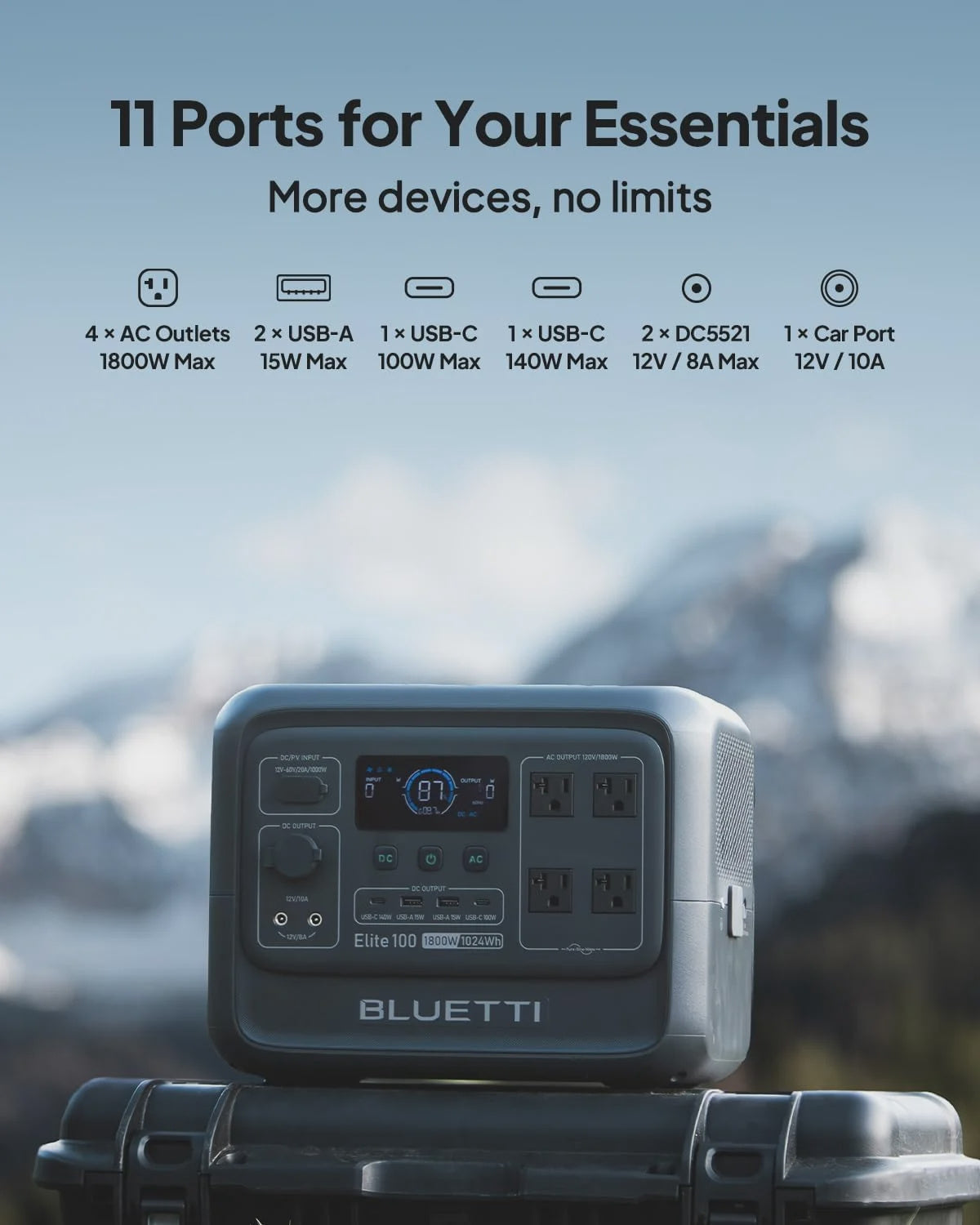 BLUETTI Elite 100 V2 Portable Solar Generator, 1024Wh LFP Battery, 1800W AC Output, Compact Backup Power for Camping and Home