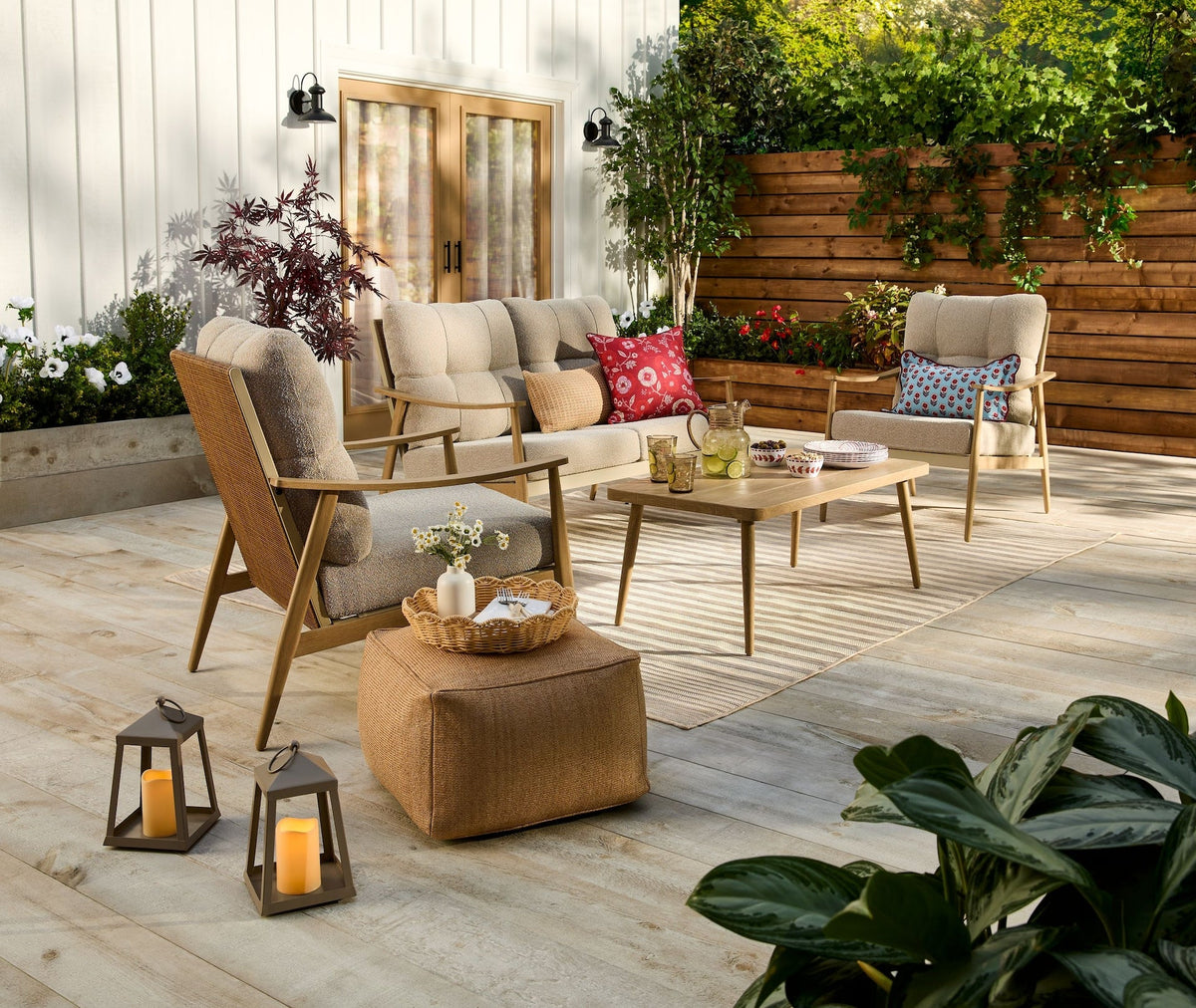 CANVAS Elmvale Outdoor Patio Conversation Set with Rattan Back and Tufted Cushions, Tan, 4-pc