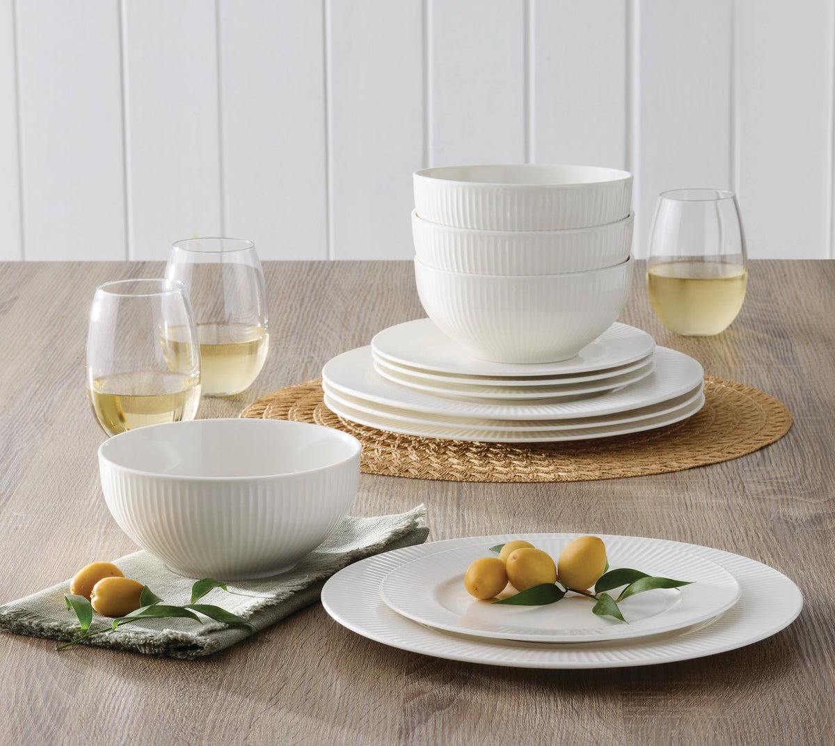CANVAS Highbury Ribbed New Bone Dinnerware Set, Serves 4, 12-pc, White