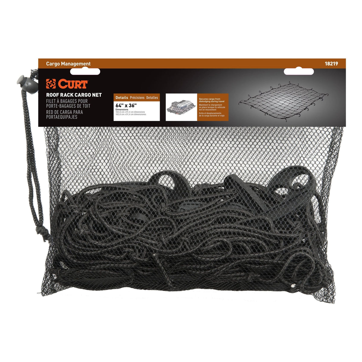 18219 Elastic Cargo Net with Hooks for Extended Roof Basket, 64 x 36-in