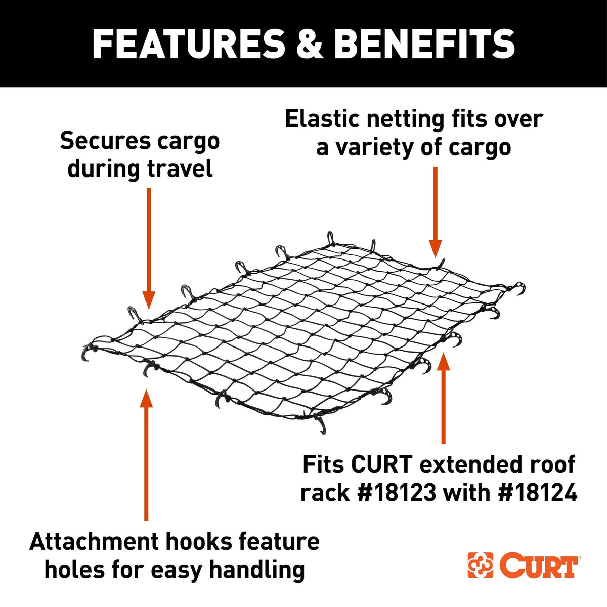 18219 Elastic Cargo Net with Hooks for Extended Roof Basket, 64 x 36-in