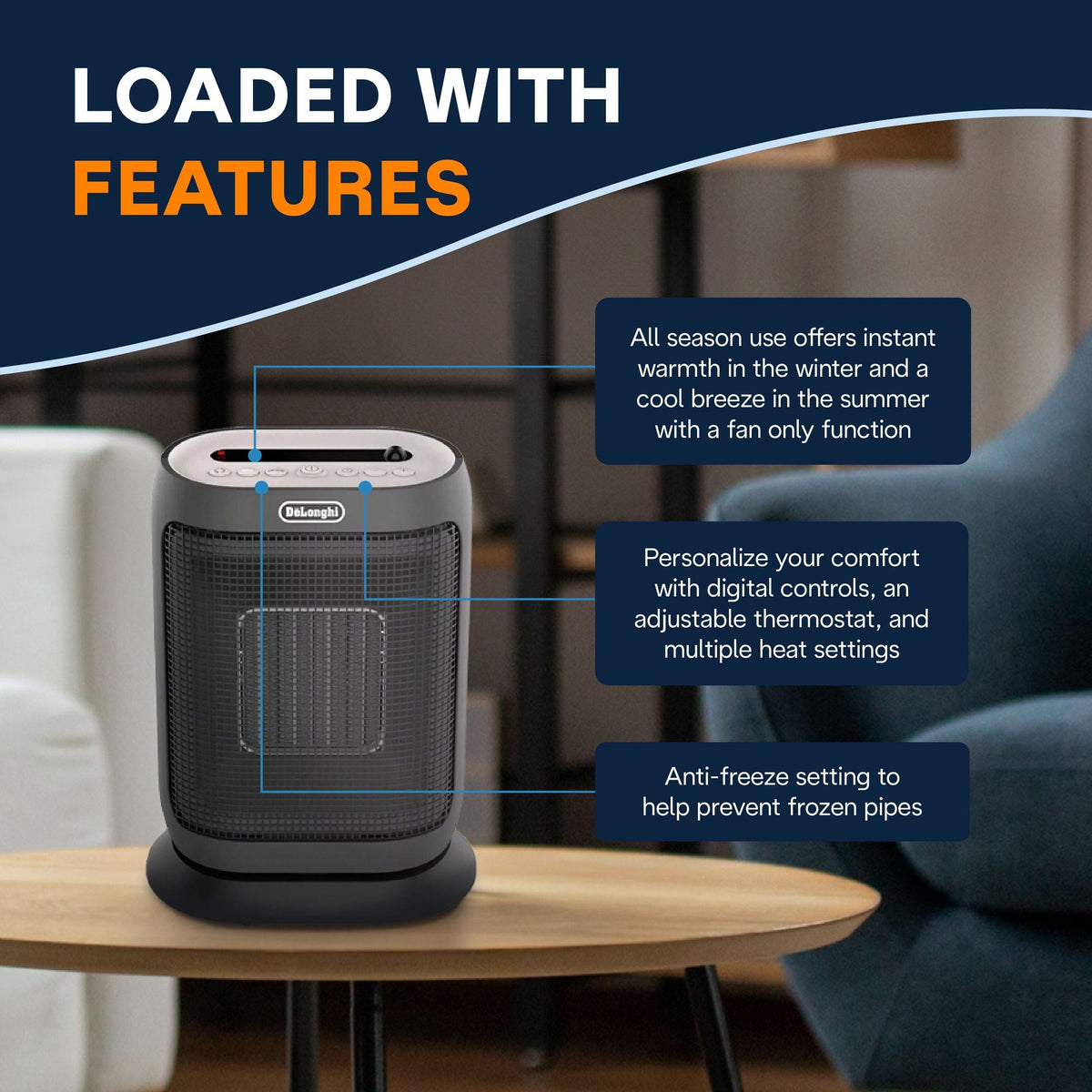 HFX42T15GI Oscillating Compact Ceramic Space Heater, 1500W, Grey