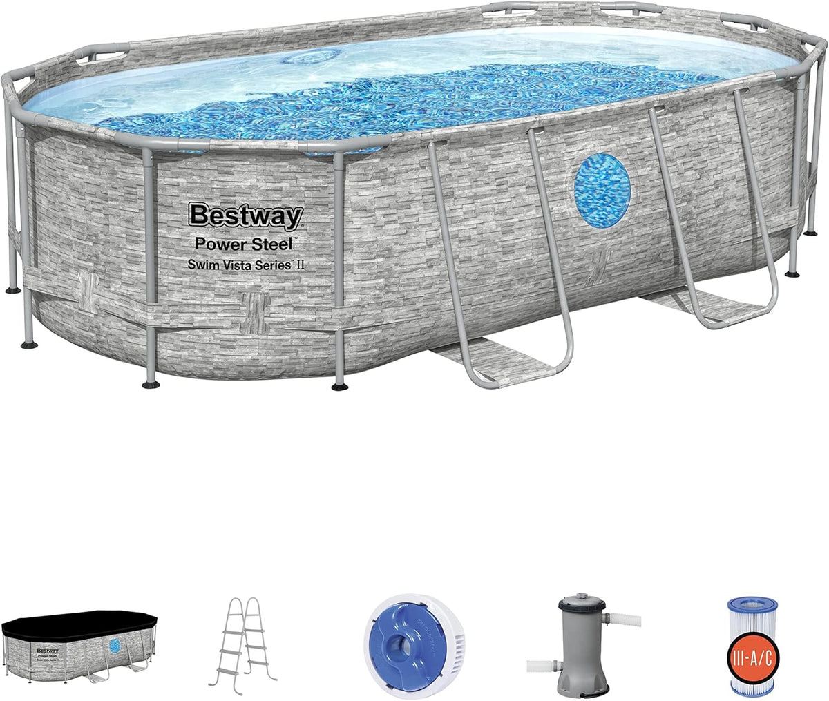 The robust steel swimming pool " Series II" - a 14 feet x 8 feet 2 inches x 39.5 inches outdoor above-ground pool package, equipped with a 530 liter/minute filtration pump, ladder and pool cover.