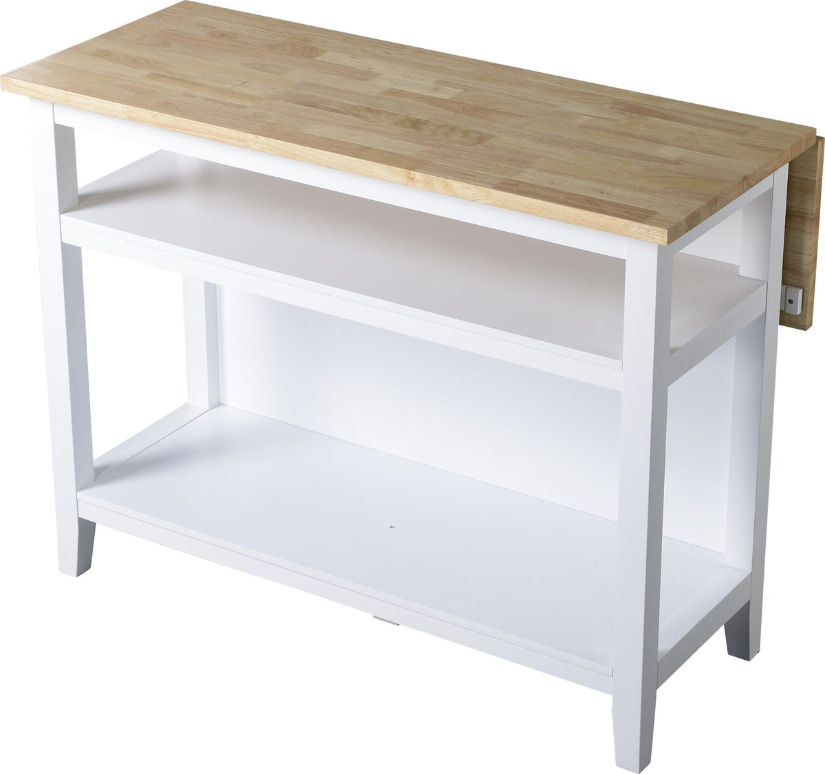 Wood Top Open Shelf Kitchen Storage Island With Folding Leaf, White
