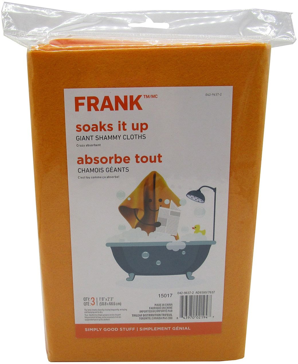 FRANK All-Purpose Machine Washable Synthetic Giant Shammy Towel, Orange, 3-pk