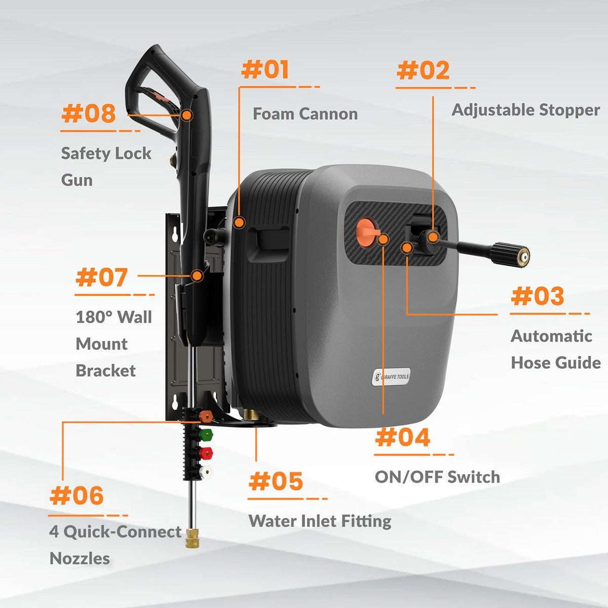 Grandfalls G20 Wall Mounted 1900 PSI 2.2 GPM Brushless Electric Pressure Washer with 65-ft Retractable Hard Hose