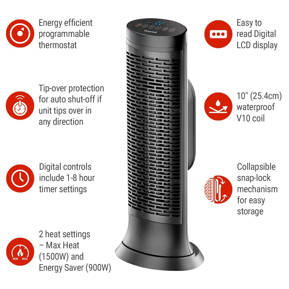 HCE352C Digital Tower Ceramic Space Heater withThermostat, 1500W, Black