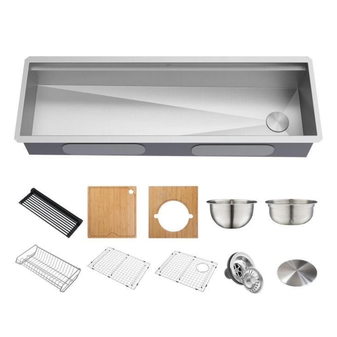 Kore 2-Tier Workstation Undermount 16-Gauge Single Bowl Kitchen Sink with 11-Piece Chef’s Kit, 57-in