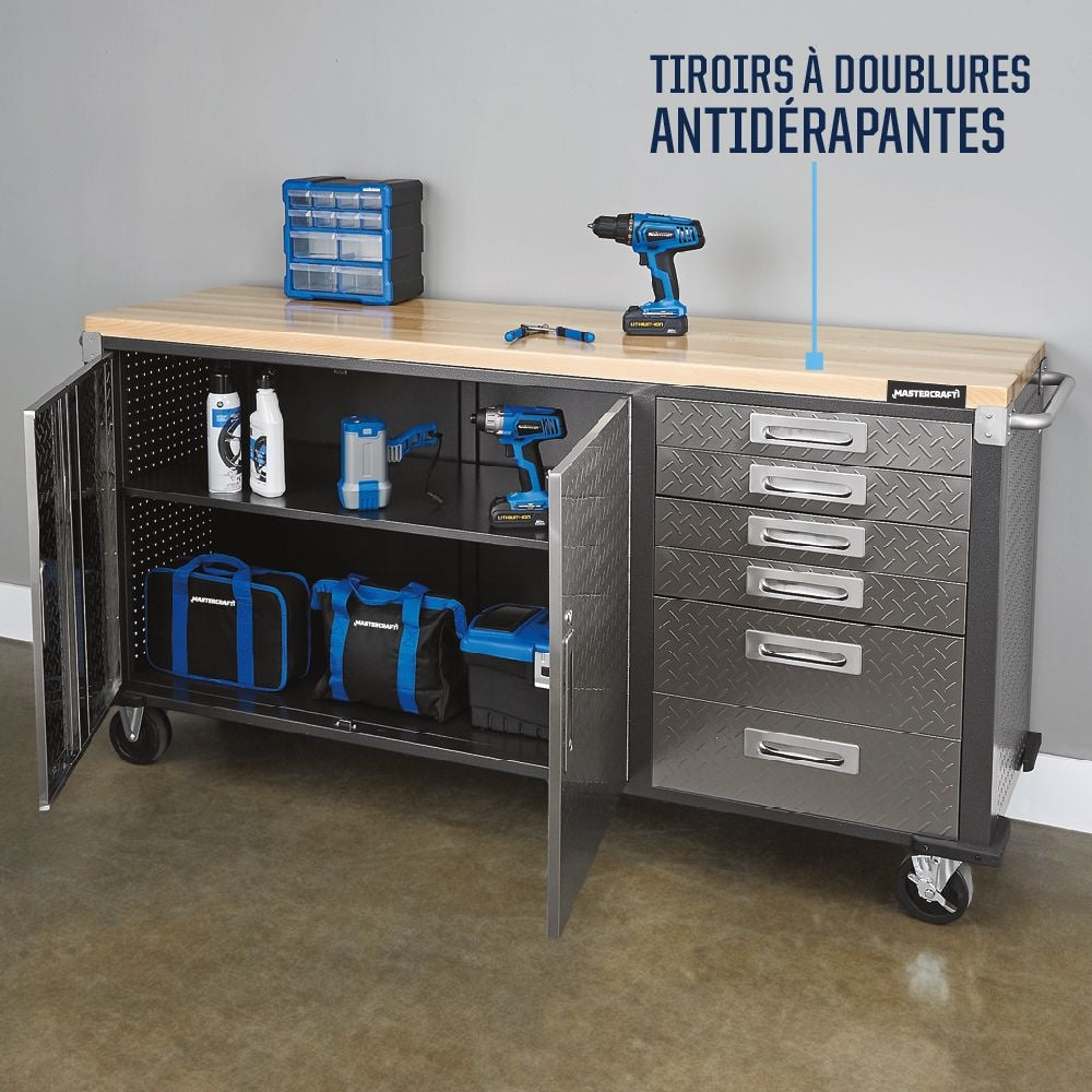 72" Diamond Series 2-Door, 6-Drawer Wooden Top Work Station with Wheels, 72 x 21-5/8 x 37-1/2-in