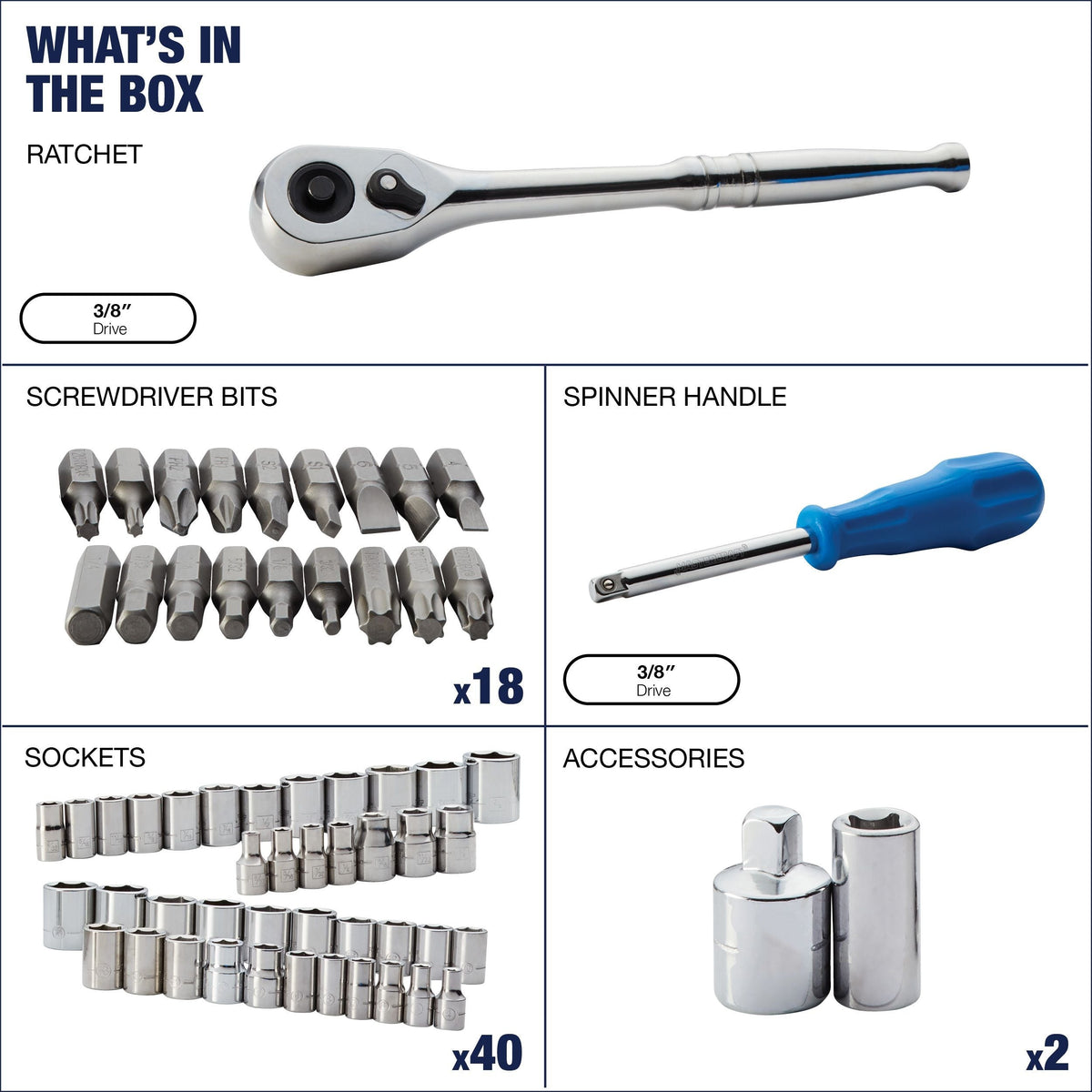 Mechanic's Tool Set with Case, Nickel-Plated, SAE/Metric, 62-pc