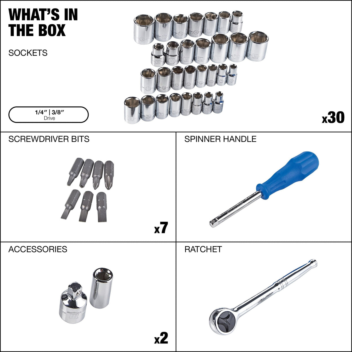 Socket Set, SAE / Metric, CRV, Nickel-Chrome Plating, 41-pc