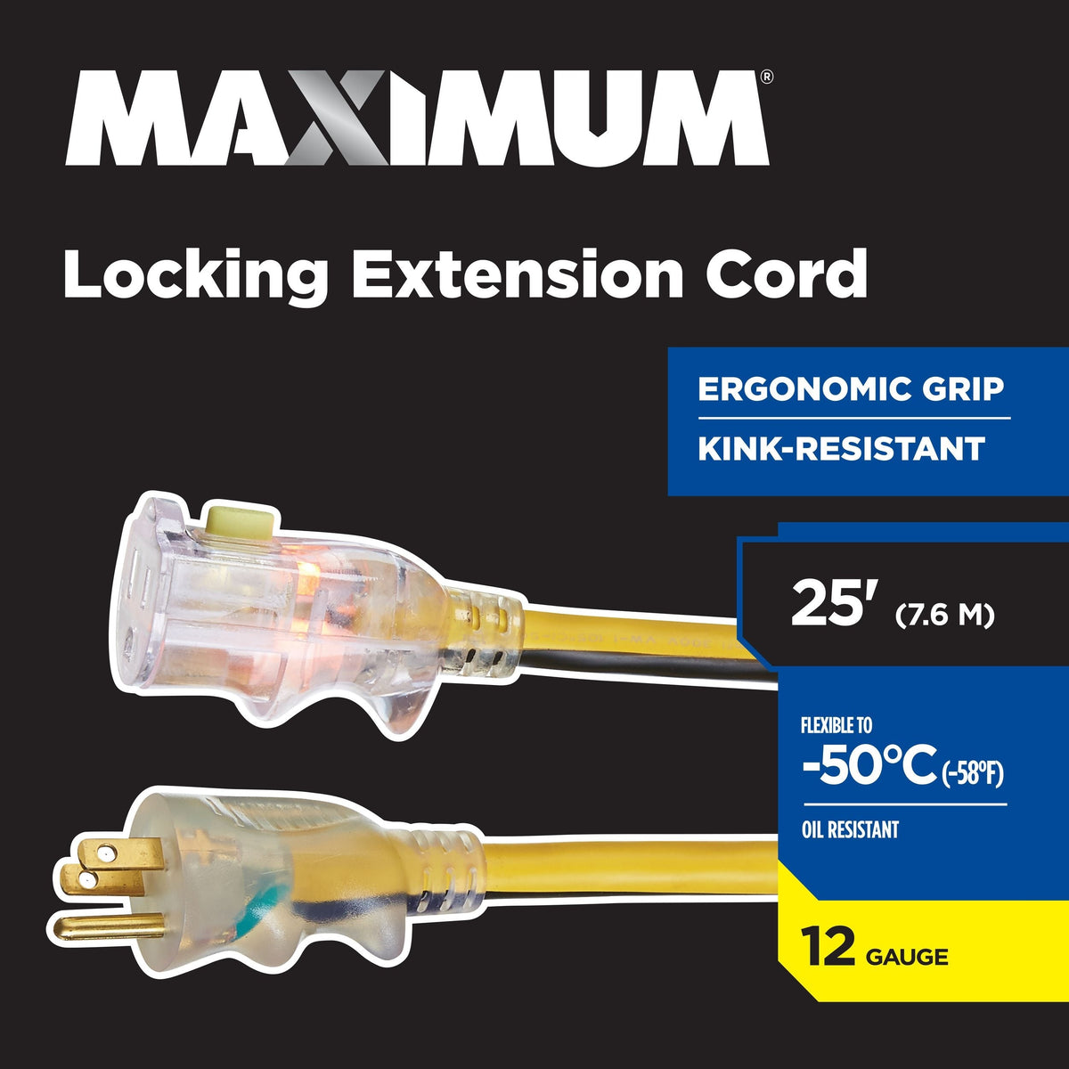 MAXIMUM 25-ft 12/3 Outdoor Extension Cord with Grounded Outlet, Lighted End and Locking Connector, Yellow/Black
