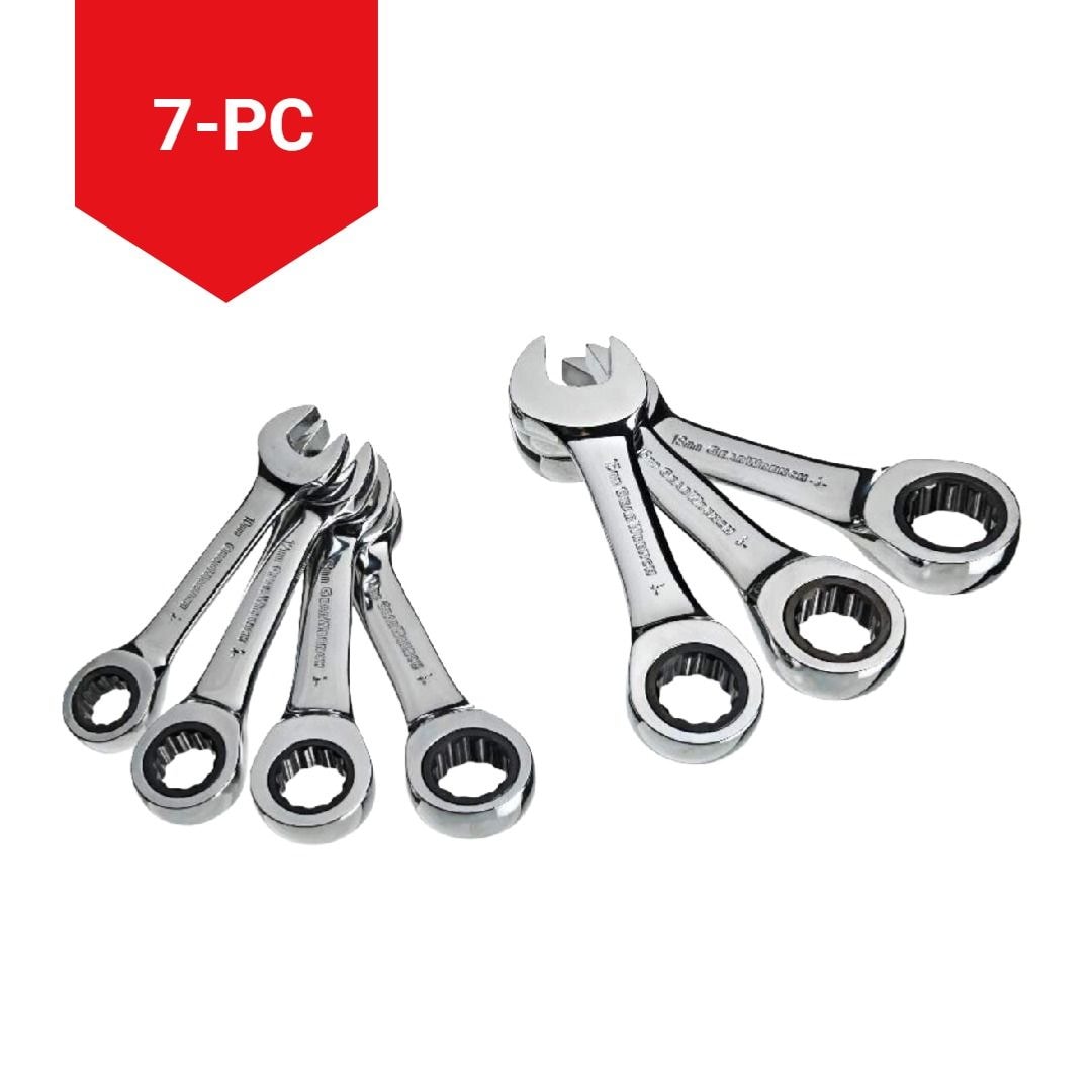 MAXIMUM Stubby Ratcheting Wrench Set, Metric, Nickel-Chrome Plating, 7-pc