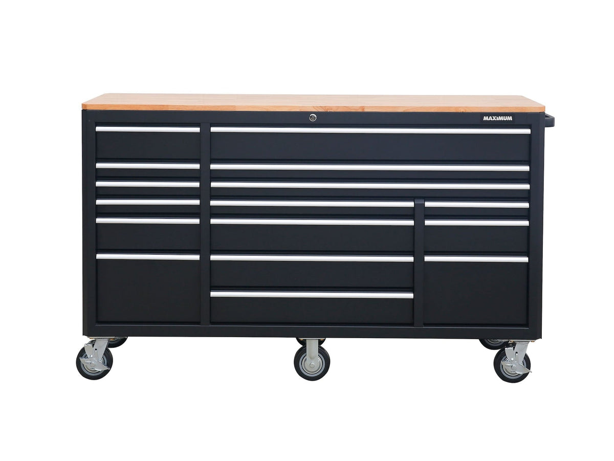 MAXIMUM Tool Cabinet with Wood Top and 4-Outlet Power Strip, Black, 74x24-in