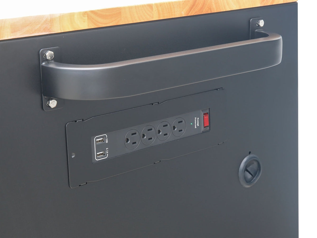 MAXIMUM Tool Cabinet with Wood Top and 4-Outlet Power Strip, Black, 74x24-in