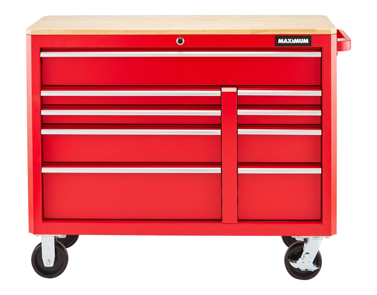 MAXIMUM Tool Storage Cabinet, Built-In Power Bar with USB, 9-Drawer, 47-in, Red