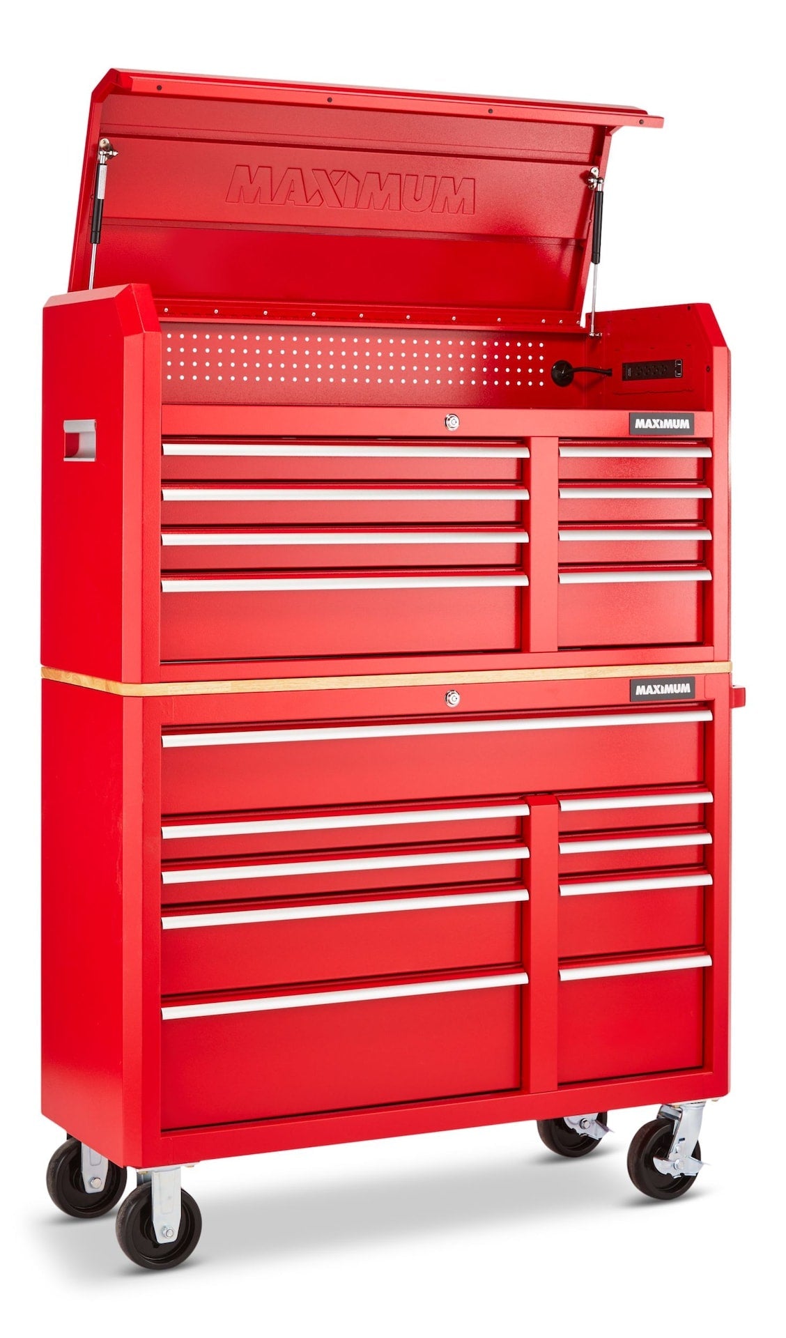 MAXIMUM Tool Storage Cabinet, Built-In Power Bar with USB, 9-Drawer, 47-in, Red