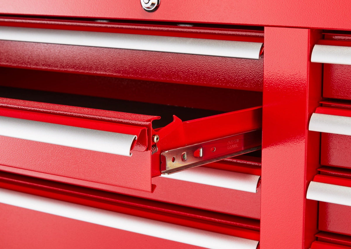 MAXIMUM Tool Storage Cabinet, Built-In Power Bar with USB, 9-Drawer, 47-in, Red