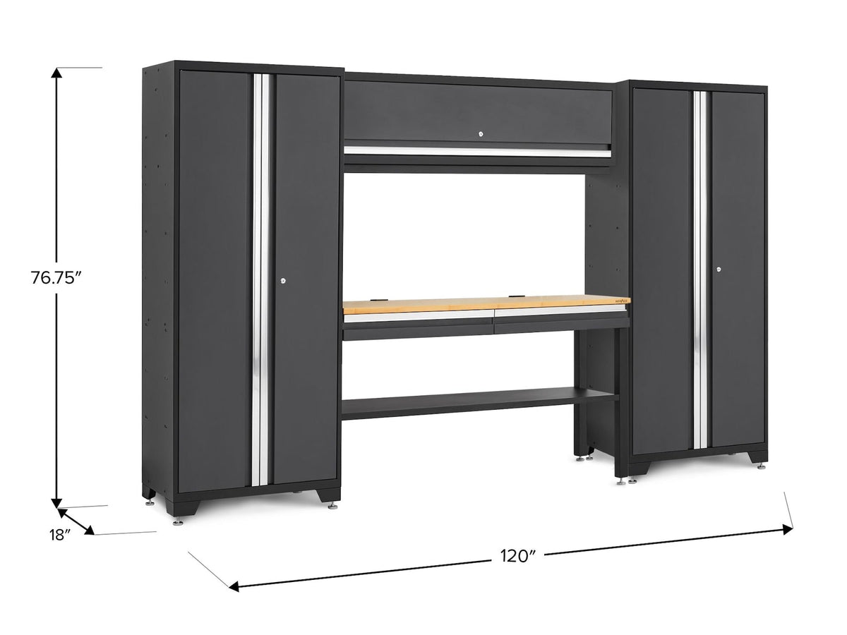 Bold 3.0 Series Lockable Steel Garage Cabinetry Set with Bamboo Top, Grey, 120-in x 18-in x 72-in, 5-pc