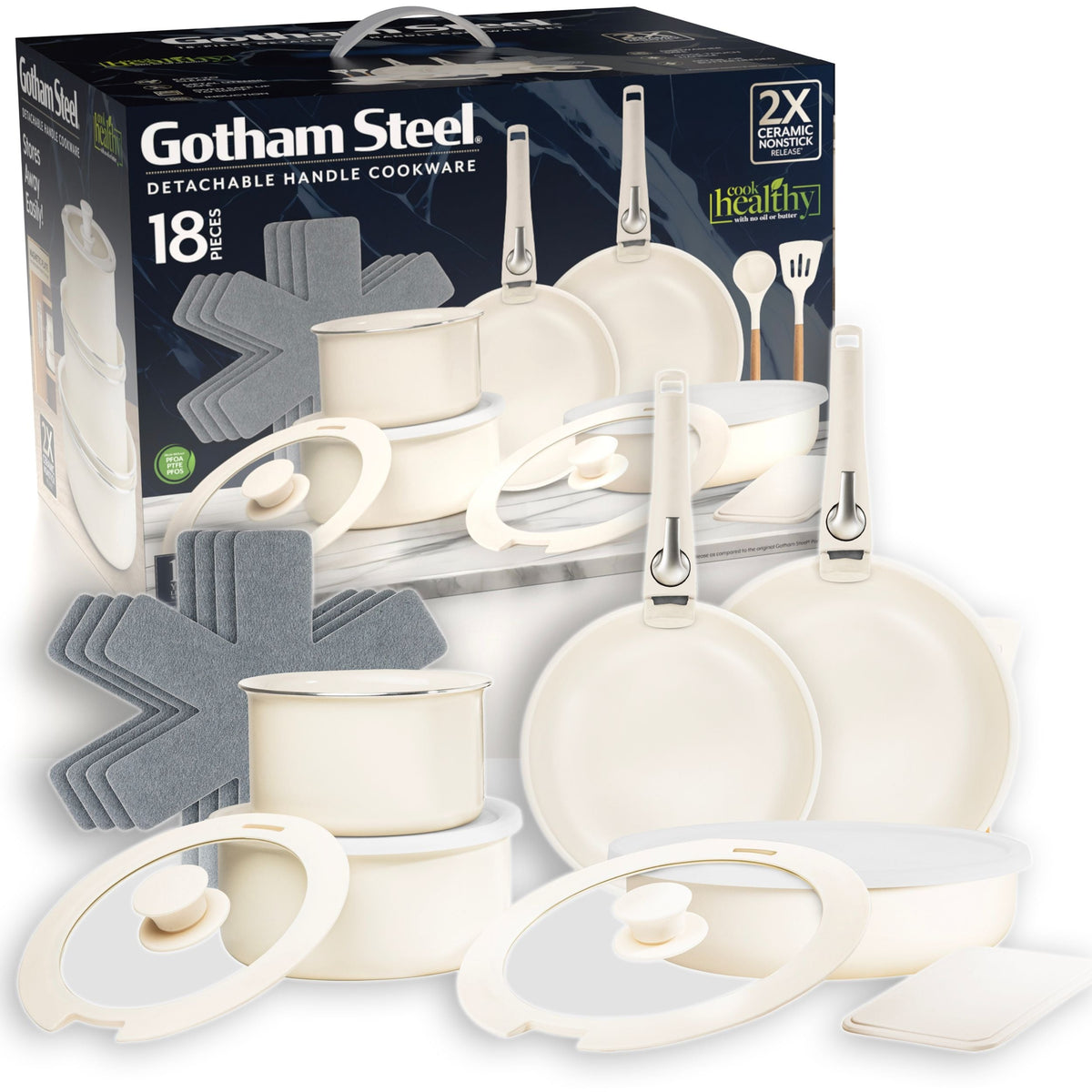 OB Pots & Pan Set with Removable Handles, Cream, 18-pc